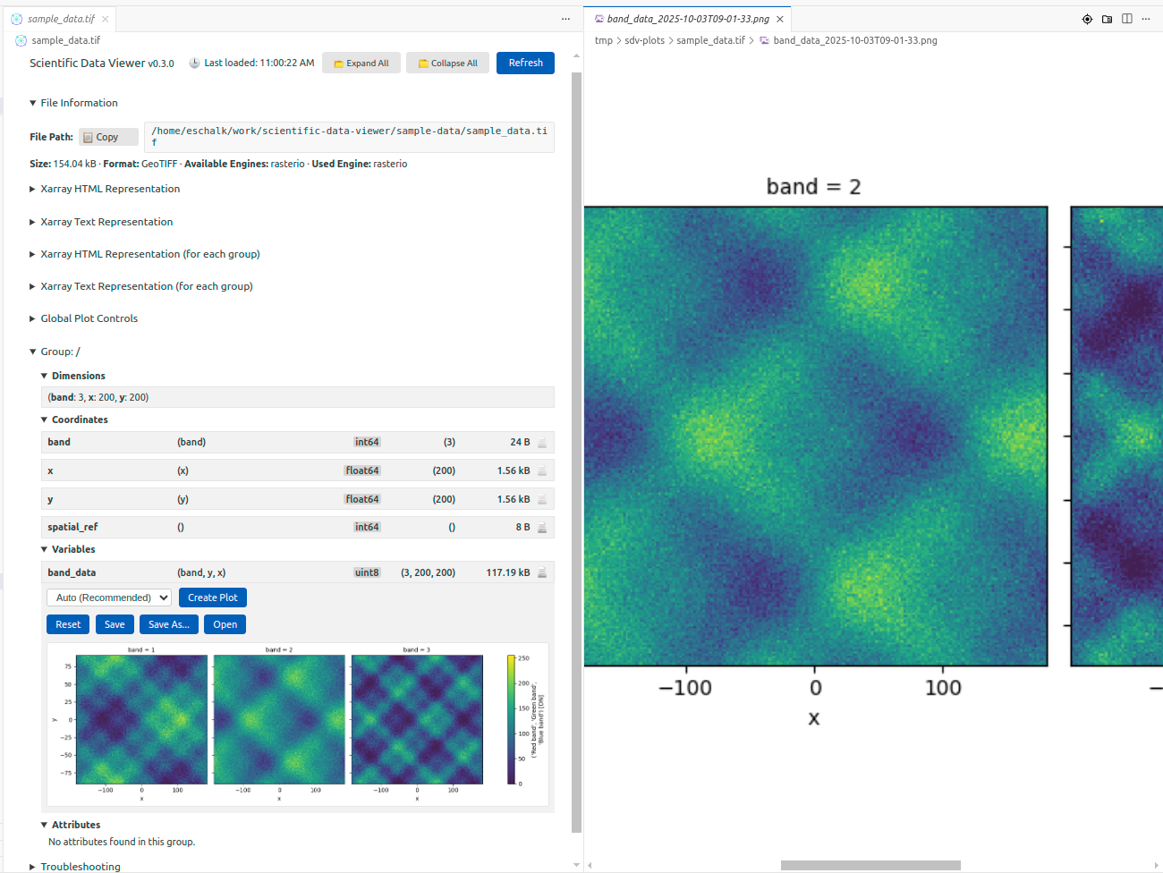Screenshot showing plots in the extension webview on the left, and an opened plot in a new tab on the right in VS Code